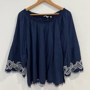 Soft Surroundings Josey Top Embroidered Lyocell Linen Large Off The Shoulder